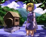  bad_id bad_pixiv_id blonde_hair dappled_sunlight kurione_(zassou) light_rays looking_at_viewer moriya_suwako navel no_hat no_headwear purple_eyes short_hair solo standing sunbeam sunlight thighhighs touhou tree_shade wading water watermill white_legwear 