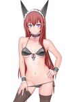  animal_ears ass_visible_through_thighs bare_shoulders bikini black_legwear blue_eyes blush breasts brown_hair cat_ears choker fake_animal_ears front-tie_top hand_on_hip highres long_hair looking_at_viewer makise_kurisu md5_mismatch medium_breasts navel shoumaru_(gadget_box) simple_background smile solo standing steins;gate swimsuit thighhighs very_long_hair white_background wrist_cuffs 