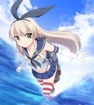  bad_id bad_pixiv_id black_panties blonde_hair blush cloud day elbow_gloves gloves green_eyes hairband kantai_collection long_hair looking_at_viewer navel panties shimakaze_(kantai_collection) skirt sky smile solo striped striped_legwear thighhighs totokichi underwear water white_gloves 