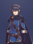  androgynous armor blue_background blue_eyes blue_gloves blue_hair cape clenched_hands fingerless_gloves fire_emblem fire_emblem:_kakusei gloves haccaadi hair_between_eyes lucina marth_(fire_emblem:_kakusei) reverse_trap short_hair shoulder_armor simple_background solo spaulders spoilers striped striped_legwear tiara tunic vertical-striped_legwear vertical_stripes 