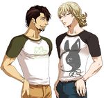  barnaby_brooks_jr blonde_hair brown_eyes brown_hair facial_hair glasses green_eyes kaburagi_t_kotetsu katou_setsuko multiple_boys raglan_sleeves shirt stubble t-shirt tiger_&amp;_bunny 