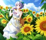  adjusting_hair arm_behind_back bare_shoulders blue_sky bow braid cloud collarbone day dress dutch_angle flower frills full_metal_panic! hair_bow hat highres long_hair outdoors parted_lips purple_eyes qiuzhi_huiyi sash silver_hair sky solo standing sun_hat sundress sunflower teletha_testarossa 