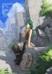 alternate_hairstyle backpack bag blurry boots city cloud day depth_of_field green_eyes green_hair gun hatsune_miku knee_pads long_hair post-apocalypse ruins sky tommy830219 tree vocaloid weapon wiping_face wiping_sweat 