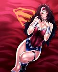  bare_shoulders black_hair blue_leotard boots breasts chiba_toshirou dc_comics jewelry large_breasts leotard lips long_hair lying red_leotard smile solo superman_(series) tiara wonder_woman wonder_woman_(series) 