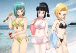  :o android_18 bag beach bikini bikini_skirt black_hair blonde_hair blue_eyes braid breasts bulma chi-chi_(dragon_ball) cleavage dragon_ball dragon_ball_z drink front-tie_top green_hair halterneck long_hair mature medium_breasts multiple_girls navel orange_eyes short_hair side-tie_bikini smile striped striped_bikini striped_swimsuit sunglasses swimsuit towel yukimitsuki 