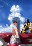  alternate_hair_length alternate_hairstyle ayanami_rei back blue_hair blue_sky breasts cloud condensation_trail day eva_00 highres juesnow light_smile long_hair looking_back neon_genesis_evangelion ocean plugsuit rebuild_of_evangelion red_eyes sky small_breasts solo tattoo topless 