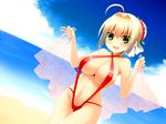  ahoge beach blonde_hair blush breasts cleavage cloud day dutch_angle fate/extra fate_(series) flower green_eyes hair_flower hair_ornament holding kujiran large_breasts nero_claudius_(fate) nero_claudius_(fate)_(all) ocean open_mouth outdoors red_swimsuit short_hair sky slingshot_swimsuit smile solo swimsuit 