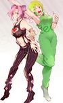  bad_id bad_pixiv_id black_hair double_bun foo_fighters green_eyes green_hair jojo_no_kimyou_na_bouken kuujou_jolyne midriff multicolored_hair multiple_girls overalls pink_hair short_hair two-tone_hair xxxceller 