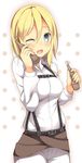  blonde_hair blue_eyes blush bottle christa_renz food highres looking_at_viewer one_eye_closed papico_(ice_cream) samegami shingeki_no_kyojin short_hair skirt smile solo uniform 