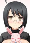  ahoge bad_id bad_pixiv_id black_hair breasts brown_eyes glasses medium_breasts momoi_kenzou narutaki_shin semi-rimless_eyewear servant_x_service shirt_lift short_hair solo stuffed_animal stuffed_bunny stuffed_toy under-rim_eyewear yamagami_lucy 