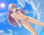  absurdres beach bikini breasts cloud day fisheye fox_mask from_below hata_no_kokoro highres lens_flare long_hair mask medium_breasts navel ocean outdoors pink_eyes pink_hair rekuto side-tie_bikini sky solo sun swimsuit touhou underboob water wet 