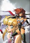  2girls 80s armor bikini_armor blonde_hair brown_hair cape female_warrior green_eyes highres leather leotard mon-mon_(miyazaki_kenjin) multiple_girls official_art oldschool sword weapon 