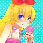  blonde_hair blue_eyes bow copyright_name dokidoki!_precure eyelashes food hair_bow hair_ornament hair_ribbon ice_cream long_hair precure regina_(dokidoki!_precure) ribbon saikachi_(ogre_tree) simple_background smile solo swimsuit 