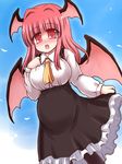  bat_wings blush breasts head_wings koakuma long_hair medium_breasts open_mouth pregnant red_eyes red_hair ry sky smile solo touhou wings 