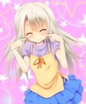  ^_^ blush closed_eyes fate/kaleid_liner_prisma_illya fate_(series) finger_to_cheek illyasviel_von_einzbern konkito long_hair purple_background skirt smile solo star starry_background white_hair 