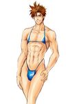  bikini brown_hair bulge crossdressing grin jojo_no_kimyou_na_bouken joseph_joestar_(young) kurenai_karasu male_focus parody smile solo string_bikini swimsuit 