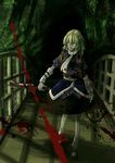  absurdres arm_warmers blonde_hair blood blood_on_face blood_splatter bloody_clothes bloody_weapon bridge glowing glowing_eyes green_eyes hatchet highres looking_at_viewer mizuhashi_parsee oriental_hatchet pijirion scarf shirt skirt solo touhou weapon 