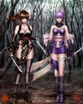  2girls ayane ayane_(doa) breasts brown_hair collaboration dead_or_alive forest kasumi kasumi_(doa) large_breasts moemichan multiple_girls nature ninja_gaiden ninja_gaiden_sigma ninja_gaiden_sigma_2 ponytail purple_hair serious tecmo xuexue_yue_hua xuexueyuehua 