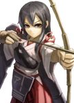  aiming akagi_(kantai_collection) archery arrow bad_id bad_pixiv_id bow_(weapon) breasts brown_eyes drawing_bow gloves holding holding_arrow holding_bow_(weapon) holding_weapon japanese_clothes kantai_collection kurione_(zassou) kyuudou large_breasts long_hair muneate outstretched_arm partly_fingerless_gloves perspective simple_background single_glove solo weapon white_background yugake 