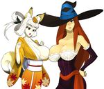  :o animal_ears asymmetrical_docking bangs bare_shoulders breast_press breasts brown_eyes cleavage company_connection cowboy_shot crossover detached_sleeves dragon's_crown dress eyeshadow fingernails fox_ears from_side gloves gradient grin hair_ribbon hair_rings hand_on_hip hat hat_over_one_eye hat_ribbon highres huge_breasts japanese_clothes kimono kongiku lace leaf leaf_on_head leaf_print lips lipstick long_fingernails long_hair long_sleeves looking_down makeup multiple_girls no_bra obi oboro_muramasa pale_skin pink_lipstick red_hair ribbon sash simple_background smile sorceress_(dragon's_crown) standing strapless strapless_dress striped vanillaware very_long_hair white_background white_hair wide_sleeves witch_hat 