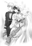  1girl bible bridal_veil bride couple dress erina_pendleton genderswap genderswap_(ftm) genderswap_(mtf) greyscale hetero husband_and_wife jojo_no_kimyou_na_bouken jonathan_joestar kurenai_karasu monochrome phantom_blood role_reversal veil wedding wedding_dress 