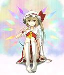  ascot bad_id bad_pixiv_id blonde_hair bow flandre_scarlet hat hat_bow kneehighs looking_at_viewer miruto_netsuki mob_cap no_shoes red_eyes shirt side_ponytail sitting skirt skirt_set smile solo touhou vest white_legwear wings wrist_cuffs 