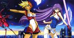  2girls 90s asteroids blonde_hair boots breasts city cleavage dirty_pair dirty_pair_flash gun kimura_takahiro leotard long_hair multicolor_hair multicolored_hair multiple_girls official_art purple_hair shiny short_hair shorts skirt space_craft space_ship sword tan very_long_hair weapon 