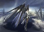  black_eyes black_hair boots clouds kikivi mechagirl original sky sword weapon wings 
