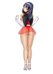  ass cape catharine_blitzen elbow_gloves full_body gloves gundam gundam_card_builder hairband high_heels legs leotard long_hair looking_back military pantyhose purple_hair red_eyes red_leotard sheer_legwear shoes simple_background solo uraharukon zeon 