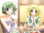  2girls bare_shoulders blonde_hair blue_eyes blue_hair breasts cleavage food green_eyes green_hair kareha long_hair multiple_girls open_mouth pointy_ears purple_eyes rice school_uniform serafuku shigure_asa short_hair shuffle! strapless suzuhira_hiro table 