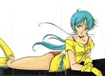  80s aqua_hair ass bare_shoulders belt boots dress gloves green_hair hirano_toshihiro legs leotard long_hair lying ninja_senshi_tobikage official_art oldschool on_stomach pose reni_ai short_dress smile spandex suspenders 