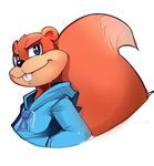  animal_ears blue_eyes buck_teeth conker conker's_bad_fur_day game_boy_color game_console grin handheld_game_console hood hoodie male_focus nintendo_64 sho-n-d smile solo squirrel squirrel_ears squirrel_tail tail upper_body xbox 