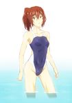  1girl competition_swimsuit free! highres long_hair matsuoka_gou one-piece_swimsuit ponytail red_eyes red_hair standing swimsuit wading water 