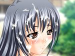  1girl black_hair blush cum facial game_cg kamishiro_sakuya long_hair yin-yang_x-change_alternative 