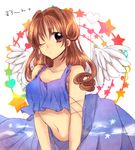  angel_wings arched_back brown_eyes brown_hair crop_top crop_top_overhang heart kamikaze_kaitou_jeanne kusakabe_maron midriff navel one_eye_closed pocky1202 skirt skirt_set solo star wings 