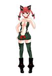  alternate_costume animal_ears aoshima boots braid breasts cat_ears center_opening cleavage green_legwear hair_ribbon hand_on_hip kaenbyou_rin medium_breasts naked_overalls overalls red_eyes red_hair ribbon short_hair solo standing thighhighs touhou twintails 