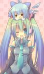  :3 aqua_eyes aqua_hair bad_id bad_pixiv_id blue_hair chibi chibi_on_head cirno crossover detached_sleeves hatsune_miku headphones long_hair multiple_girls necktie on_head one_eye_closed reia skirt smile touhou twintails very_long_hair vocaloid 