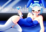  animal_ears blue blue_hair blush bunny_ears bunnygirl city cleavage drink female fukami girl glasses highres open_mouth red_eyes smile thigh-highs 