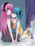  aqua_eyes aqua_hair bad_id bad_pixiv_id blue_eyes dress hatsune_miku long_hair megurine_luka mizuki_(koko_lost) multiple_girls open_mouth pink_hair skirt strap_slip twintails vocaloid yuri 