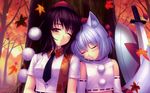  2girls animal_ears autumn brown_hair hat inubashiri_momiji sayori shameimaru_aya short_hair sleeping sword tie touhou weapon white_hair wink 