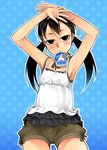  :&lt; armpits black_eyes black_hair coolish flat_chest hands kunichika mouth_hold original shorts solo twintails 