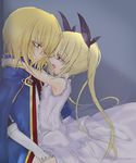  1girl blazblue blonde_hair bloomers couple dress fang green_eyes happy hetero hug japanese_clothes jin_kisaragi lowres military military_uniform rachel_alucard red_eyes ribbon tsundere twintails underwear uniform 