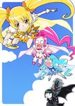  4girls blonde_hair blue_background blue_hair blue_skirt blush boots bow cure_blossom cure_marine cure_sunshine dark_precure hanasaki_tsubomi heartcatch_precure! knee_boots kurumi_erika magical_girl multiple_girls myoudouin_itsuki o_o official_style orange_bow orange_skirt peeking pink_bow pink_hair pink_skirt precure professor_sabaku saliva skirt thighhighs yuuma_(skirthike) 