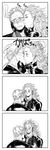  1girl bad_id bad_pixiv_id blush comic couple cross dorohedoro earrings fuumiko gloves greyscale height_difference hetero highres inverted_cross jewelry kiss monochrome noi_(dorohedoro) shin_(dorohedoro) silent_comic stitches surprise_kiss surprised 