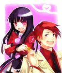  1girl bad_id bad_pixiv_id black_hair black_legwear blue_eyes blush crossed_arms fang heart kururi long_hair lucifer necktie pink_neckwear red_eyes red_hair stakes_of_purgatory sweat thighhighs tsundere umineko_no_naku_koro_ni ushiromiya_battler 