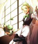  bad_id bad_pixiv_id black_eyes bow bowtie dent_(pokemon) gen_5_pokemon green_eyes green_hair grin gym_leader hirococo indoors male_focus open_mouth pansage pokemon pokemon_(creature) pokemon_(game) pokemon_bw smile swinging window 