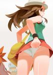  1girl ass bag blue_(pokemon) blue_tank_top brown_eyes brown_hair cowboy_shot from_below gen_1_pokemon hat highres long_hair looking_back mososhi open_mouth panties pleated_skirt pokemon pokemon_(creature) pokemon_(game) pokemon_frlg red_skirt simple_background skirt squirtle underwear upskirt white_background white_hat white_panties wristband 