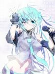  aqua_eyes aqua_hair detached_sleeves face fingerless_gloves gloves hatsune_miku jin_(mugenjin) long_hair microphone microphone_stand midriff navel necktie one_eye_closed smile solo very_long_hair vocaloid zipper 