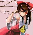  ascot bow branch brown_eyes brown_hair cherry_blossoms detached_sleeves flat_chest hair_bow hakurei_reimu kayako_(tdxxxk) leaning_forward lips solo touhou 