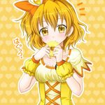  blonde_hair bow breasts choker cleavage cure_pine doughnut dress earrings eyelashes food fresh_precure! gummy_elaeagnus hair_bow heart heart_background jewelry magical_girl medium_breasts orange_choker precure side_ponytail solo wrist_cuffs yamabuki_inori yellow yellow_background yellow_eyes 